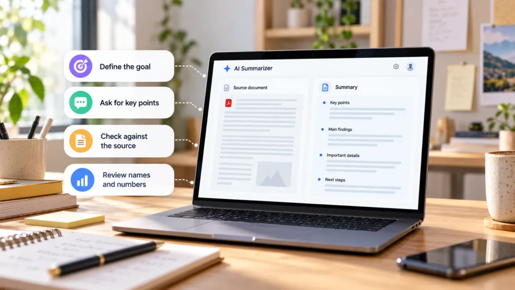 AI document summary workflow with goal setting, key points, source verification and number checks