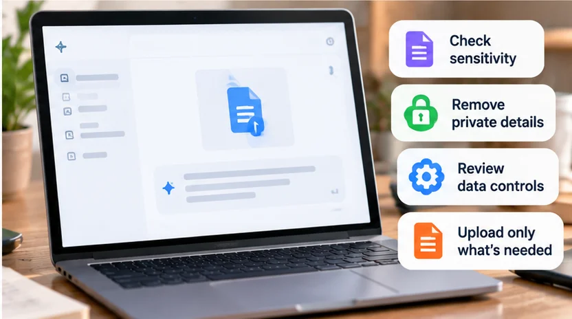 AI document upload safety checks for sensitivity, private details, data controls and minimum sharing