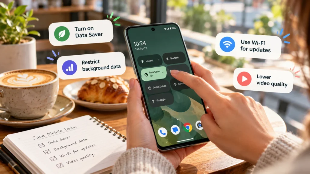 Android mobile data controls with app usage, Data Saver, background data and roaming checks
