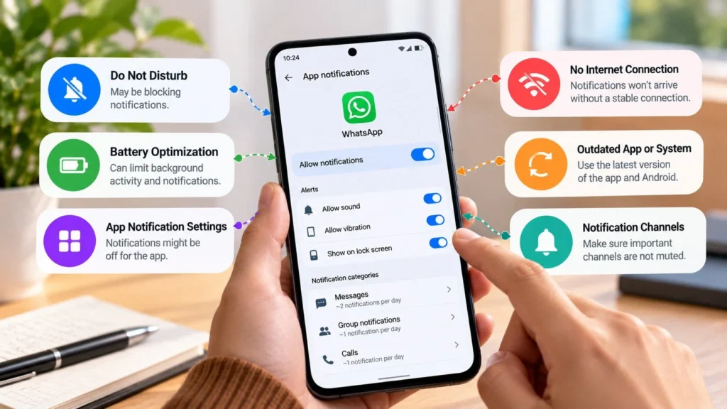 Android phone showing app notification settings with common causes such as Do Not Disturb, battery optimization, internet issues, outdated software, and muted notification channels.