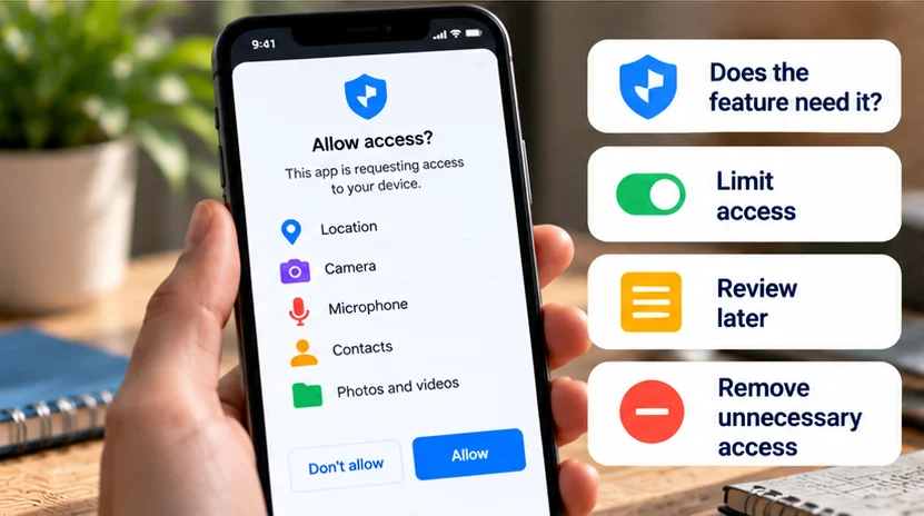 Smartphone app permission checks for location, camera, microphone, contacts and photo access