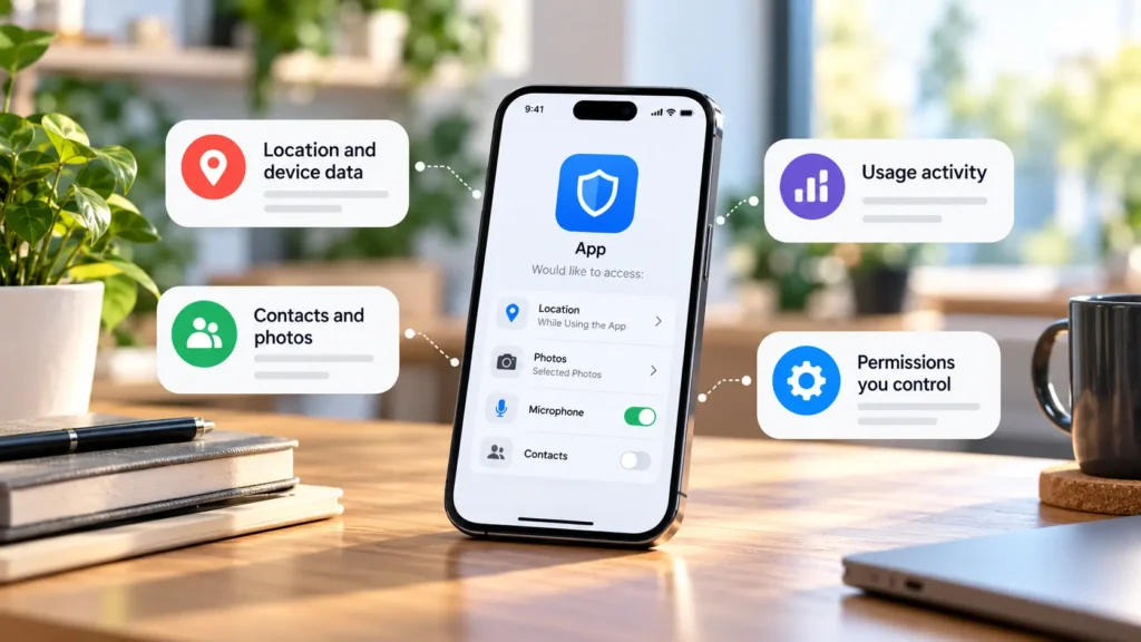 Smartphone app permissions showing location, contacts, photos and usage data access
