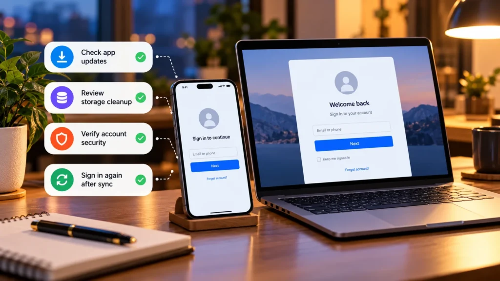 App sign-in troubleshooting with updates, storage cleanup, account security and session recovery checks