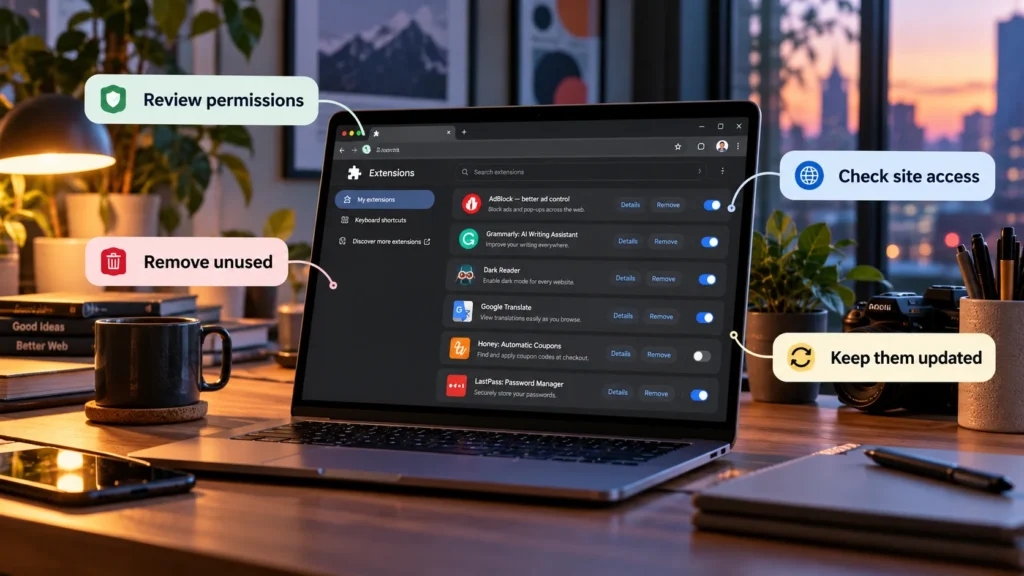 Browser extension manager with permission review, site access checks, updates and unused extension removal