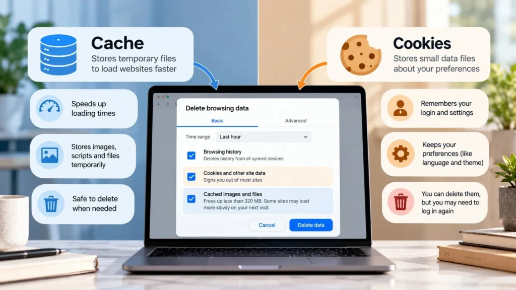 Split-screen comparison of browser cache and cookies with a laptop showing delete browsing data options and what each stores.