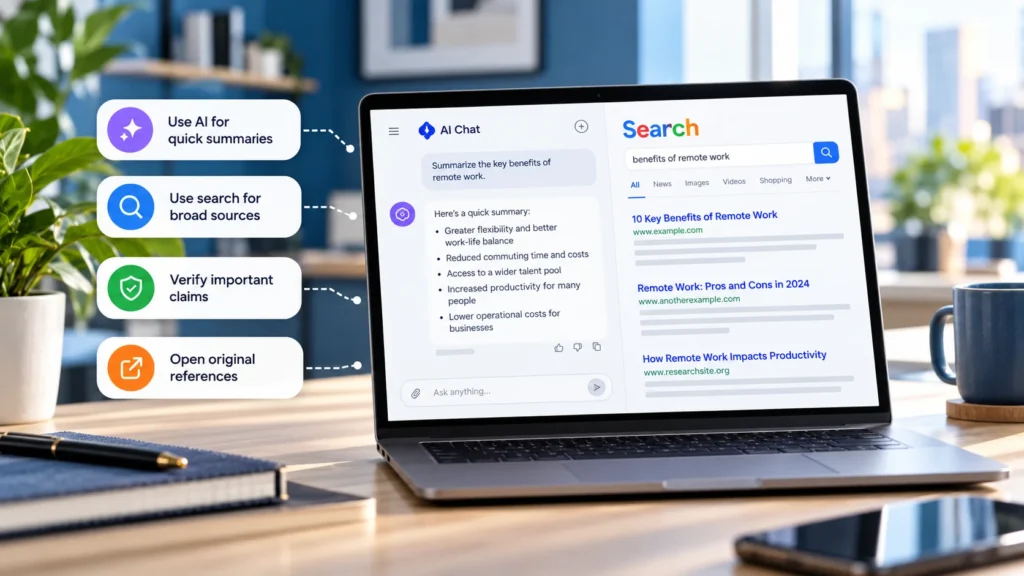 AI search and web search comparison with summaries, source browsing, verification and original references