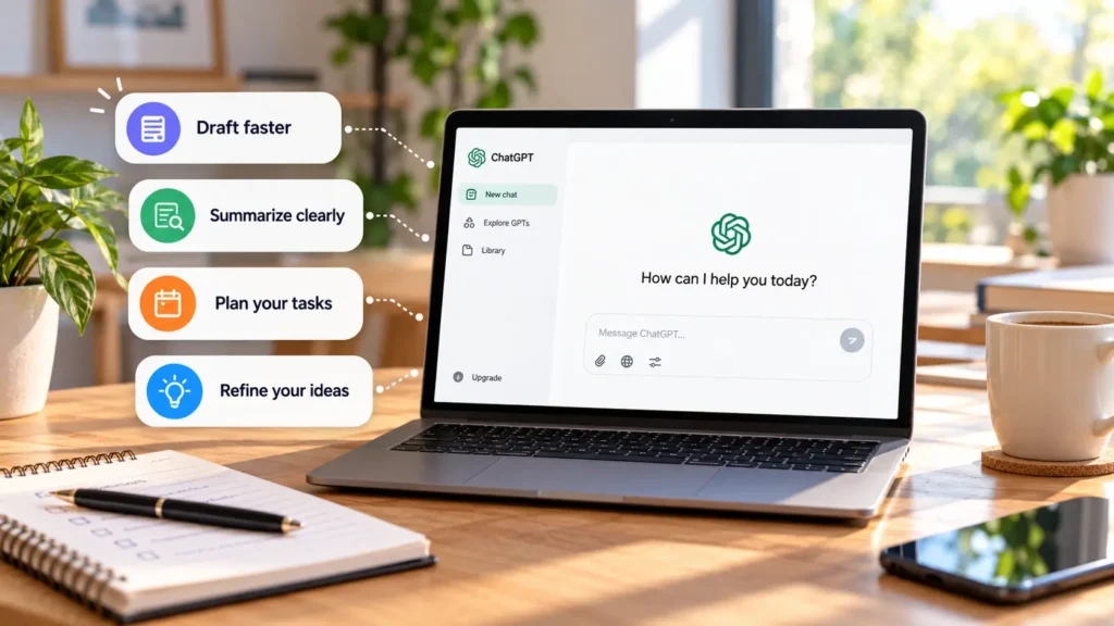 Laptop workspace with a simple productivity checklist for everyday AI-assisted tasks