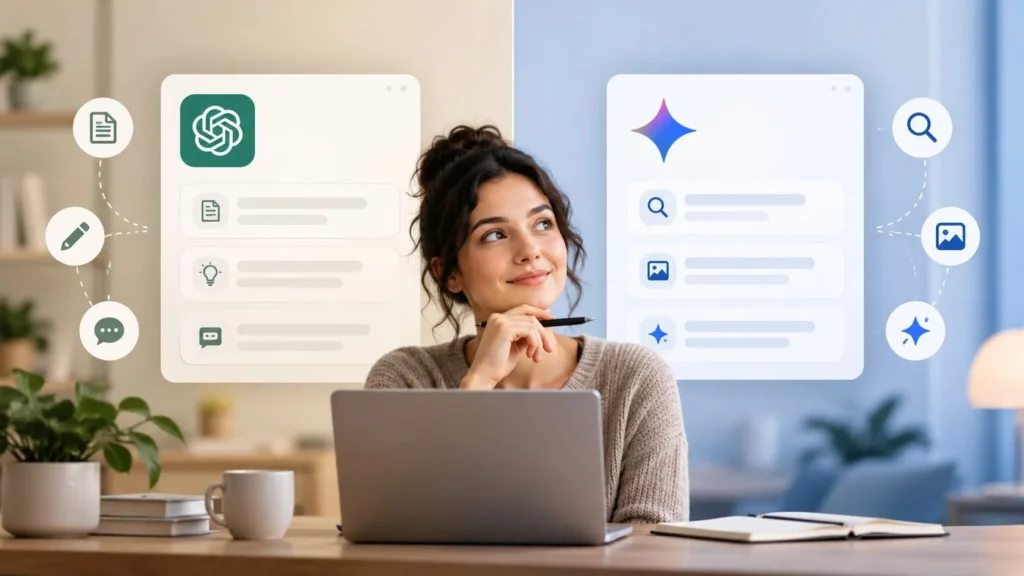 Person comparing two AI assistant interfaces for writing, research, files, and everyday tasks on a laptop.