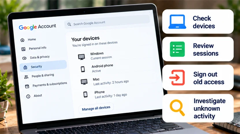 Google Account device review with session checks, old access sign-out and unknown activity investigation