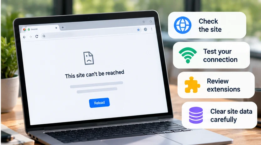 Chrome browser error with checks for the website, internet connection, extensions and site data