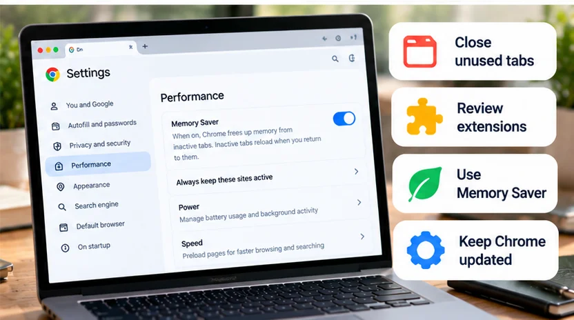 Chrome performance settings with checks for tabs, extensions, Memory Saver and browser updates