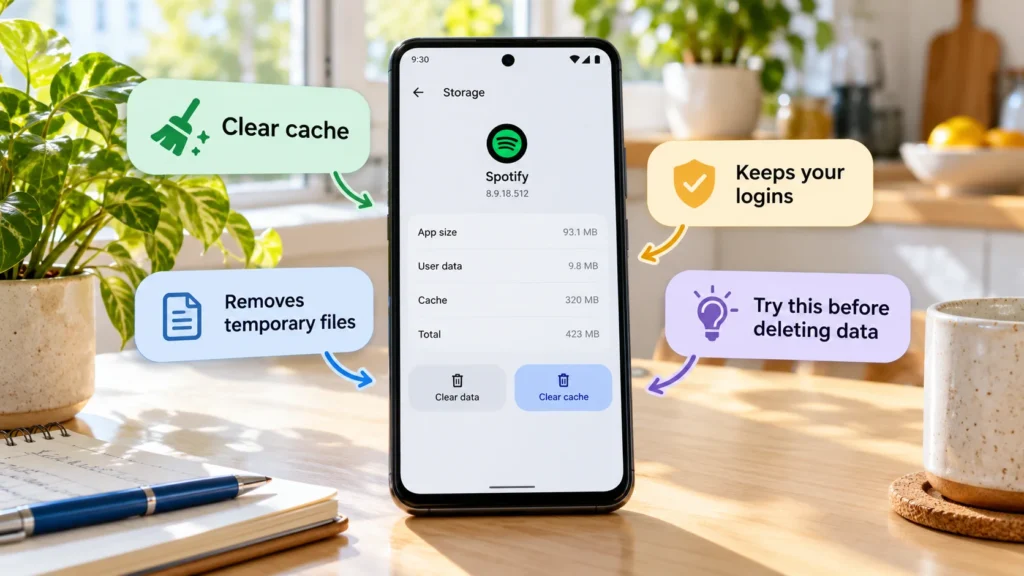 Android app storage screen showing Clear cache while keeping app data and login information separate
