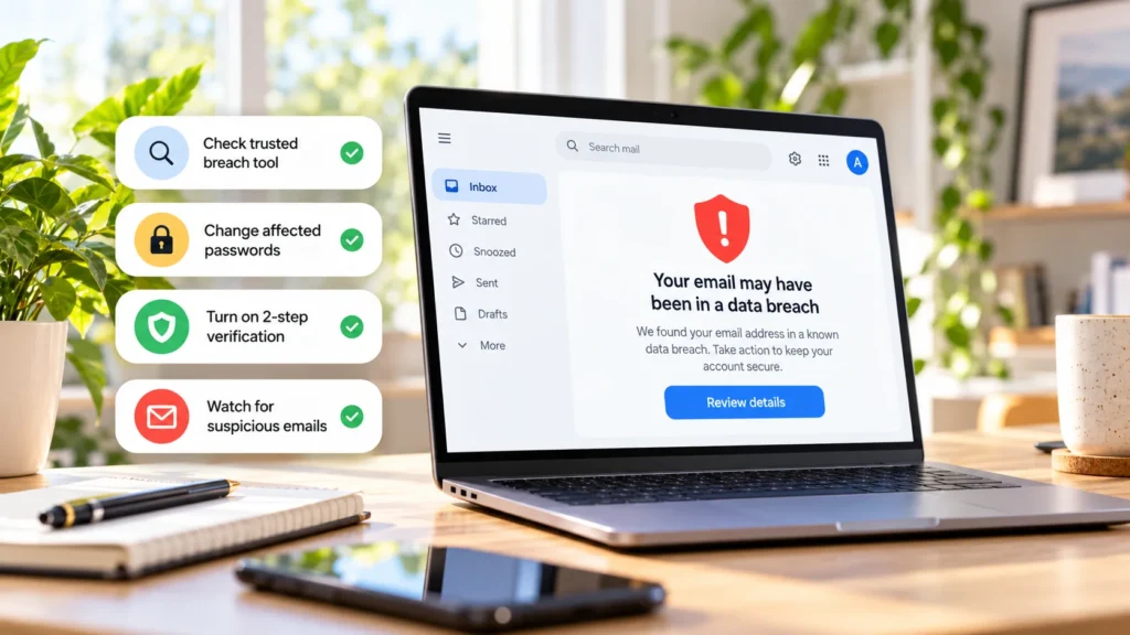 Email breach check with exposed data review, password changes, two-step verification and phishing precautions