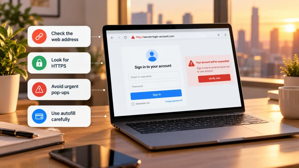 Suspicious login page with web address, HTTPS, urgent warning and autofill safety checks