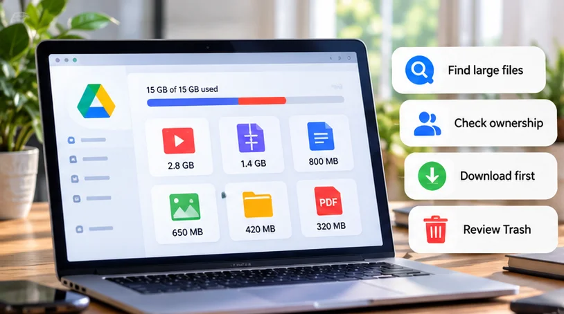 Google Drive storage view with large files, ownership checks, download and Trash review steps