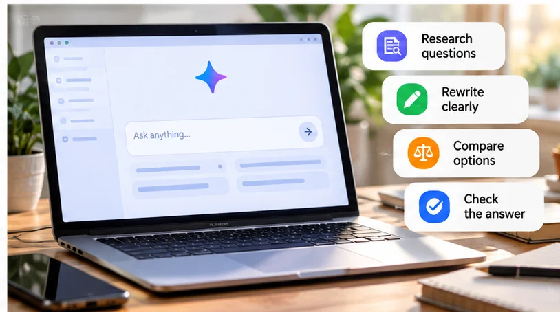Gemini productivity workspace with research, rewriting, comparison and answer-checking tasks
