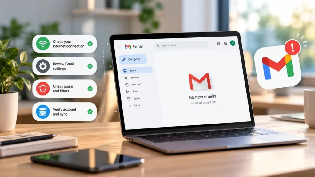 Laptop showing an empty Gmail inbox with troubleshooting checks for internet connection, Gmail settings, spam filters, and account sync.