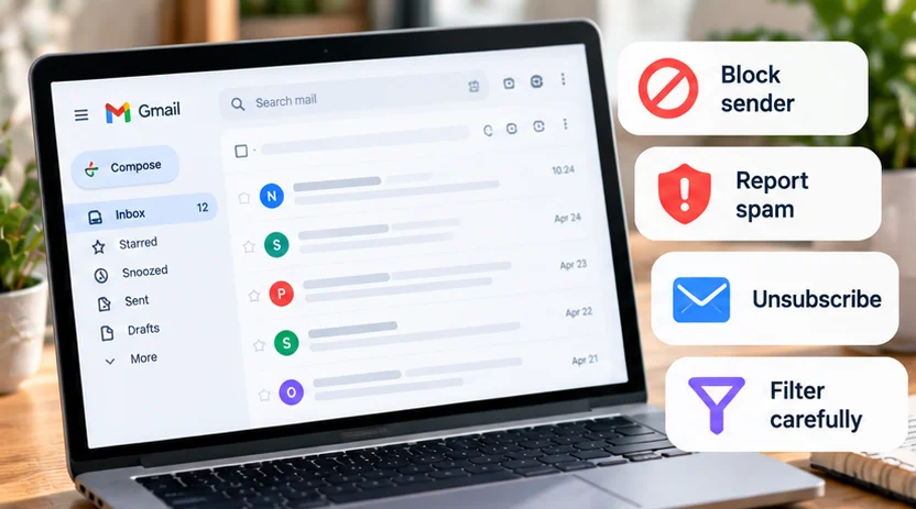 Gmail inbox with options to block senders, report spam, unsubscribe and create filters carefully