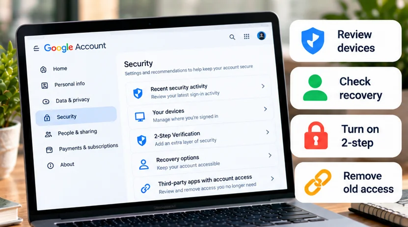 Google Account security dashboard with device review, recovery options, two-step verification and connected app checks
