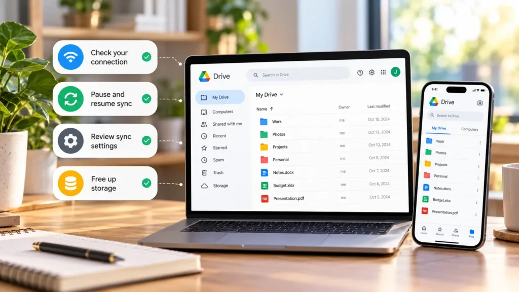 Google Drive sync troubleshooting on a laptop and phone with connection and storage checks