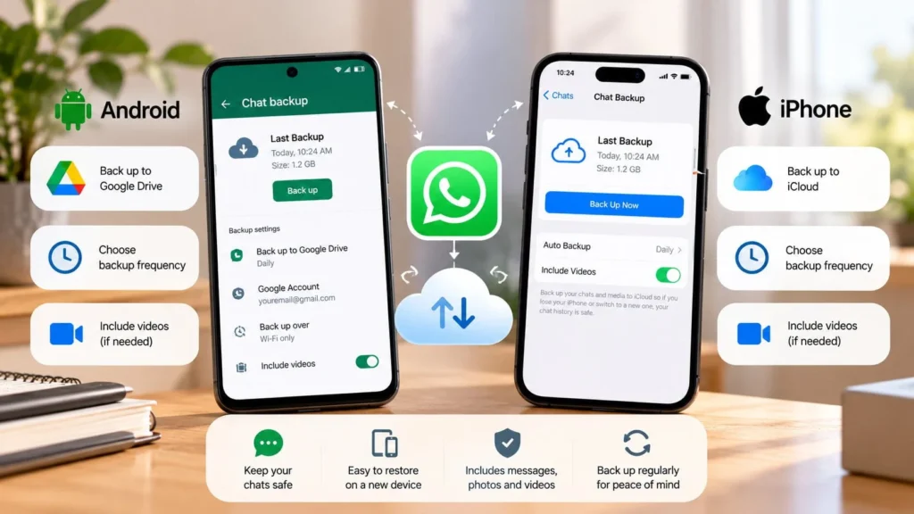 Android and iPhone showing WhatsApp chat backup settings with Google Drive, iCloud, backup frequency, and video backup options.