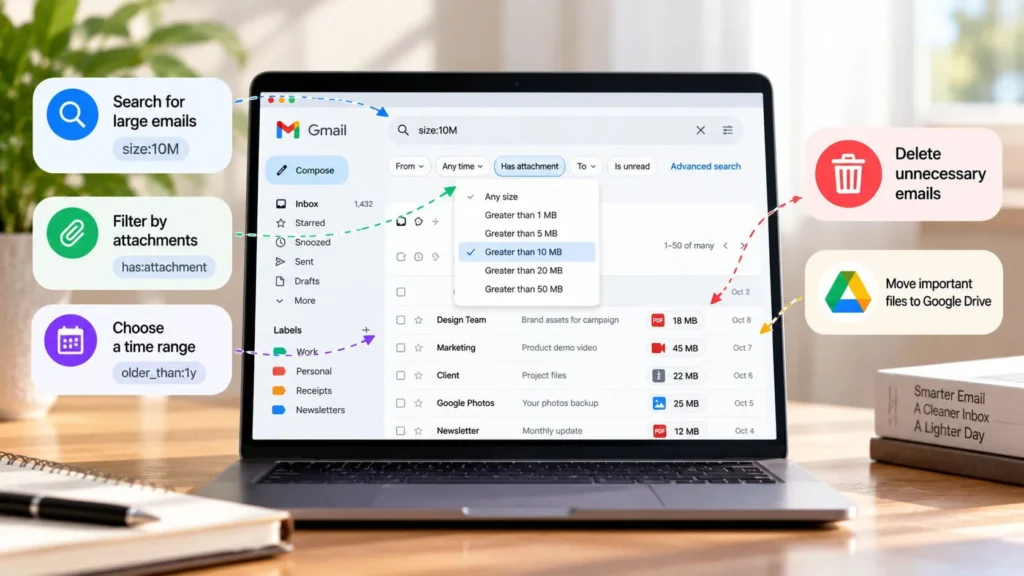 Laptop showing Gmail search filters for large emails and attachments, with options to delete unnecessary messages or move important files to Google Drive.