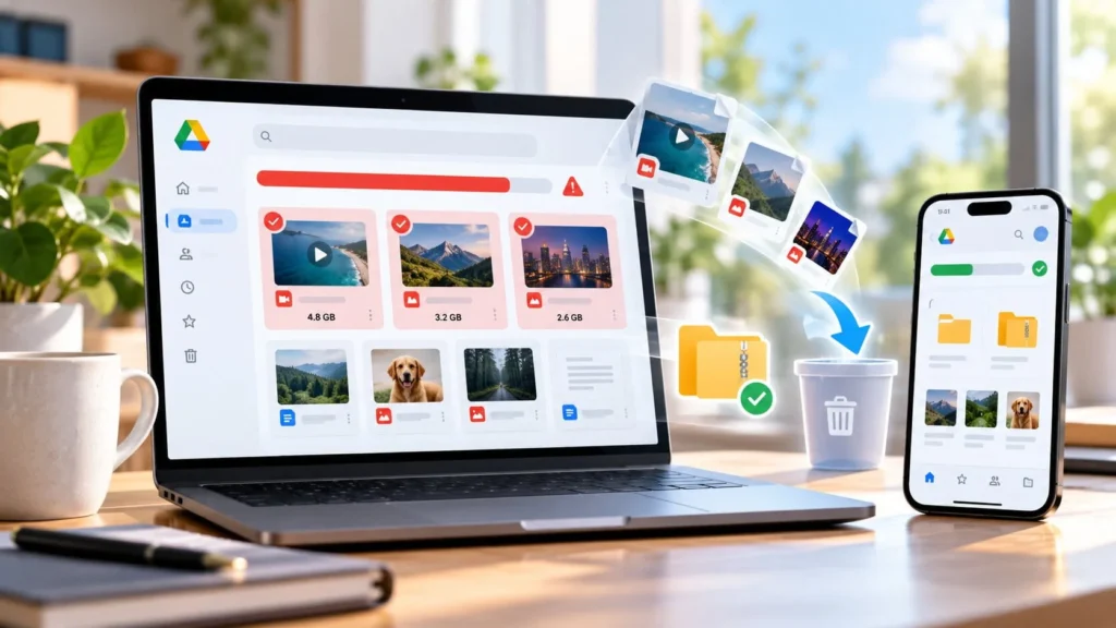 Laptop and smartphone showing Google Drive files, large storage items, and cleanup actions to illustrate freeing up Google Drive storage.