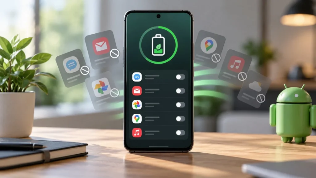 Android phone showing background app controls and battery-saving settings for restricting apps running in the background.