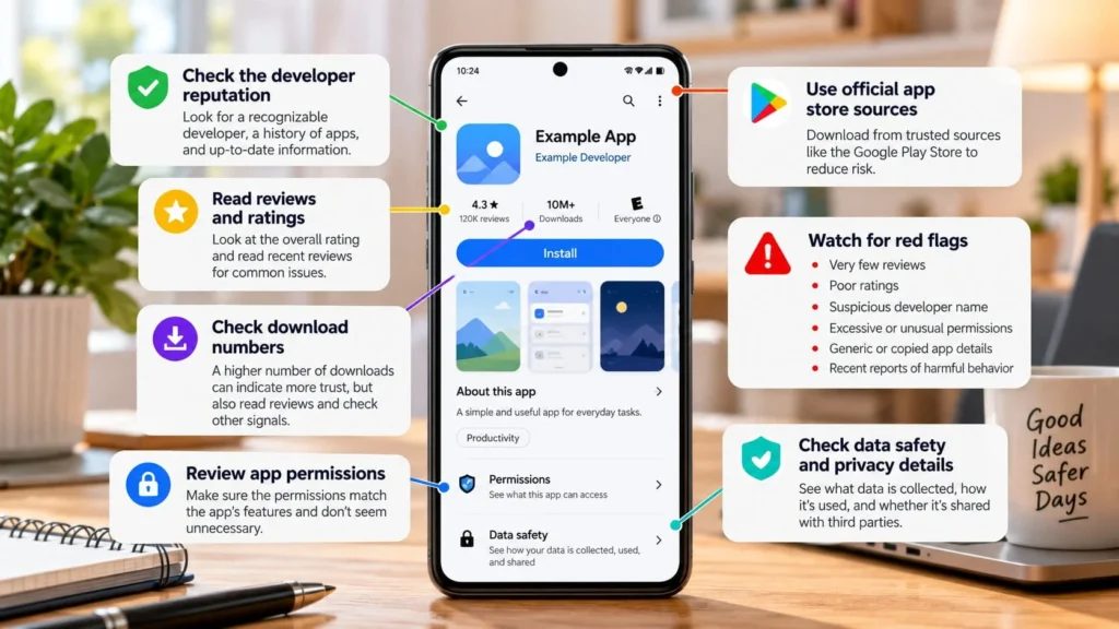 Android phone showing an app listing with developer details, ratings, downloads, permissions, red flags, official store sources, and data safety checks.