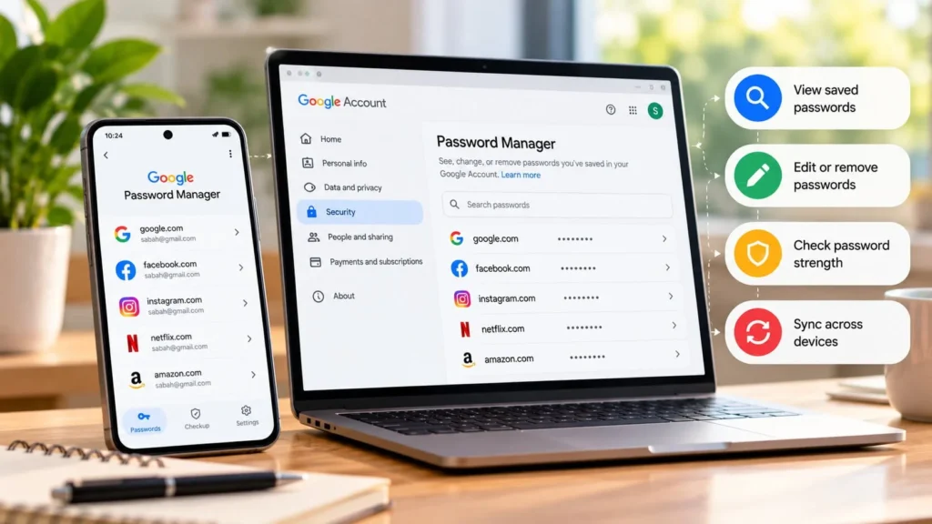 Laptop and smartphone showing Google Password Manager with saved passwords, password editing, security checks, and cross-device sync options.