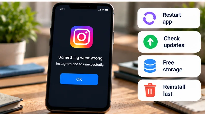 Instagram crash troubleshooting with restart, update, storage and reinstall checks