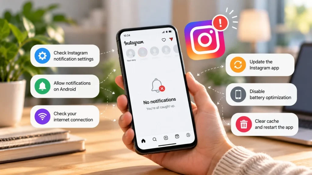 Android phone showing Instagram with no notifications and troubleshooting steps for notification settings, internet, app updates, battery optimization, and cache.
