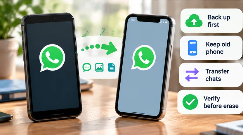 WhatsApp chat transfer between an old phone and a new phone with backup and verification steps