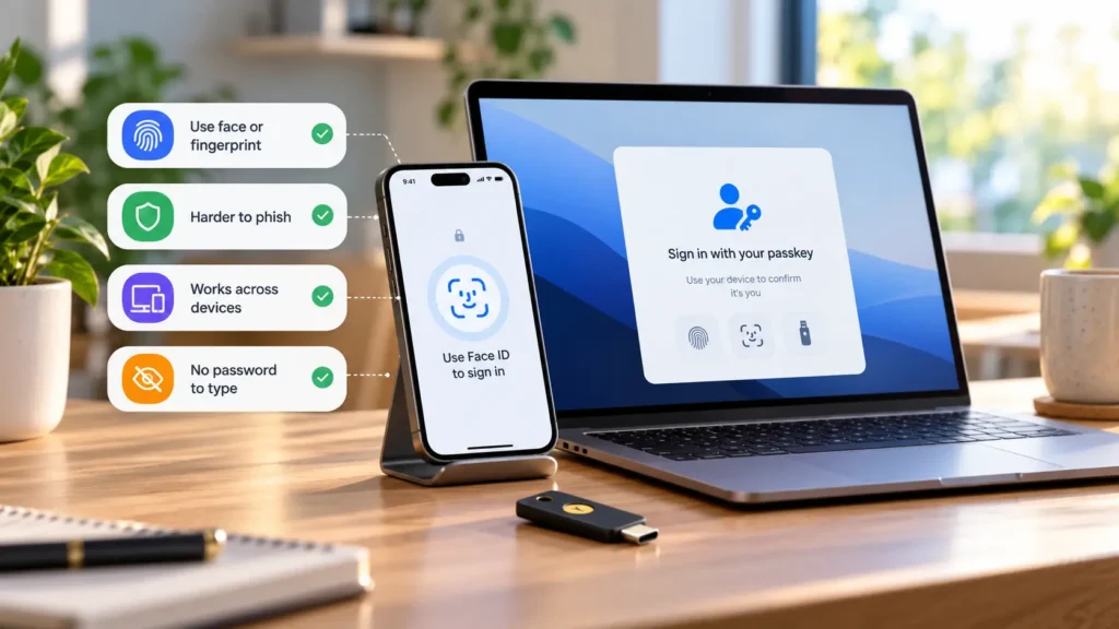 Passkey sign-in using face recognition and a security key across phone and laptop