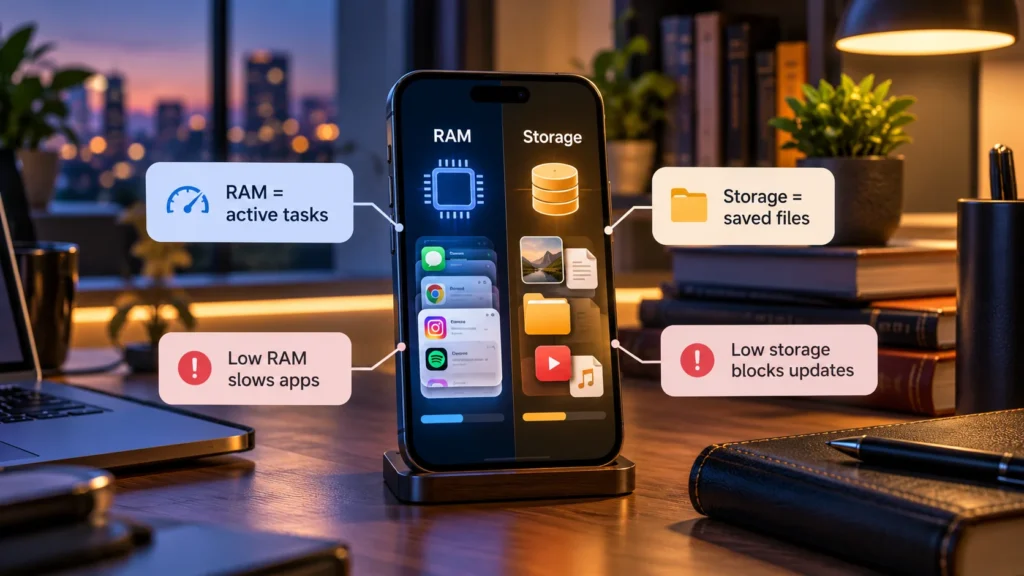 Phone comparison showing RAM as working memory and storage as space for apps, photos and saved files