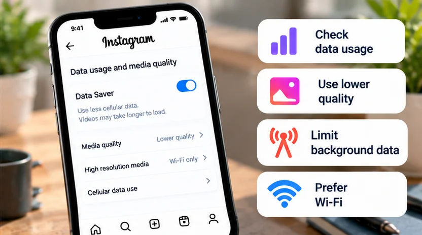 Instagram mobile data settings with checks for data usage, media quality, background data and Wi-Fi