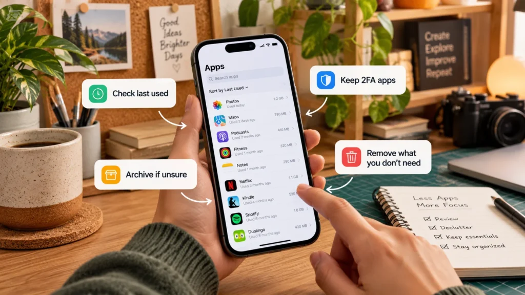 Phone app list being reviewed by last used date before removing unnecessary apps safely