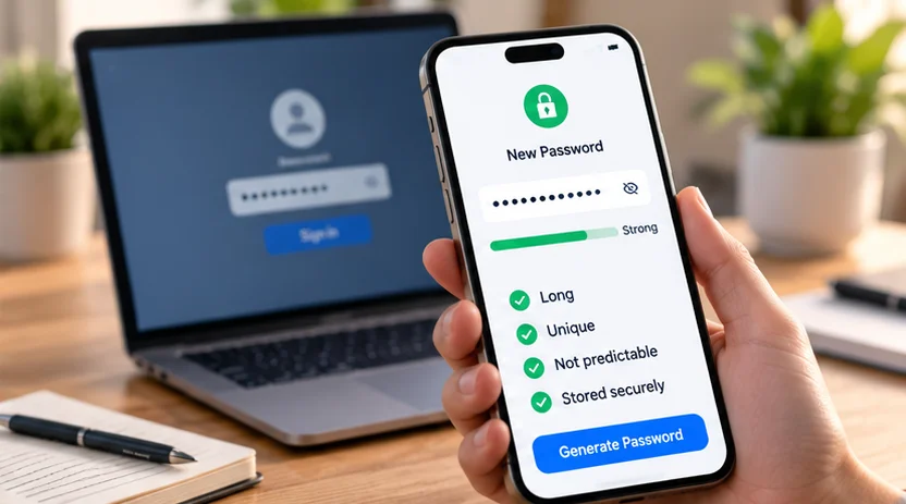 Password security checklist showing longer, unique, non-reused passwords stored securely