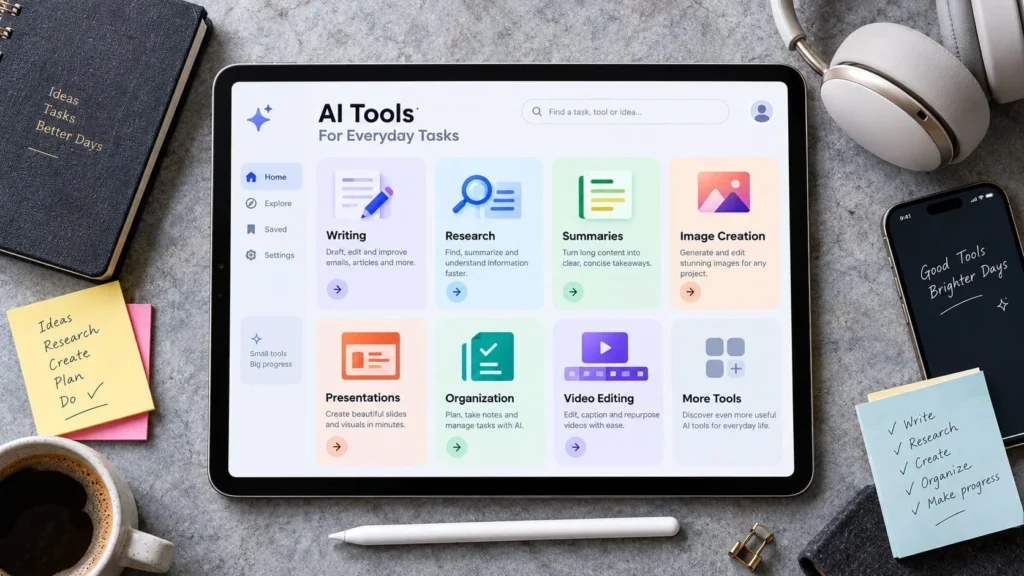 Ipad displaying a collection of free AI tools for writing, research, images, productivity, video editing, and idea generation.