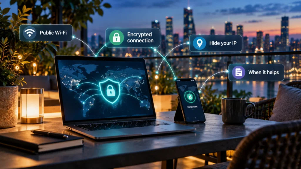 VPN connection on laptop and phone with encrypted traffic, public Wi-Fi and provider trust concepts