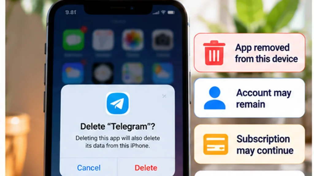 Phone app deletion warning explaining that accounts, subscriptions and some data may remain after uninstalling