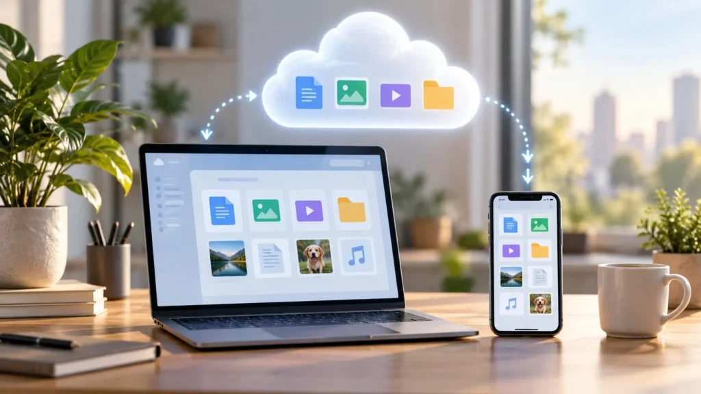 Laptop and smartphone showing synced files under a cloud icon, illustrating how cloud storage works across devices.