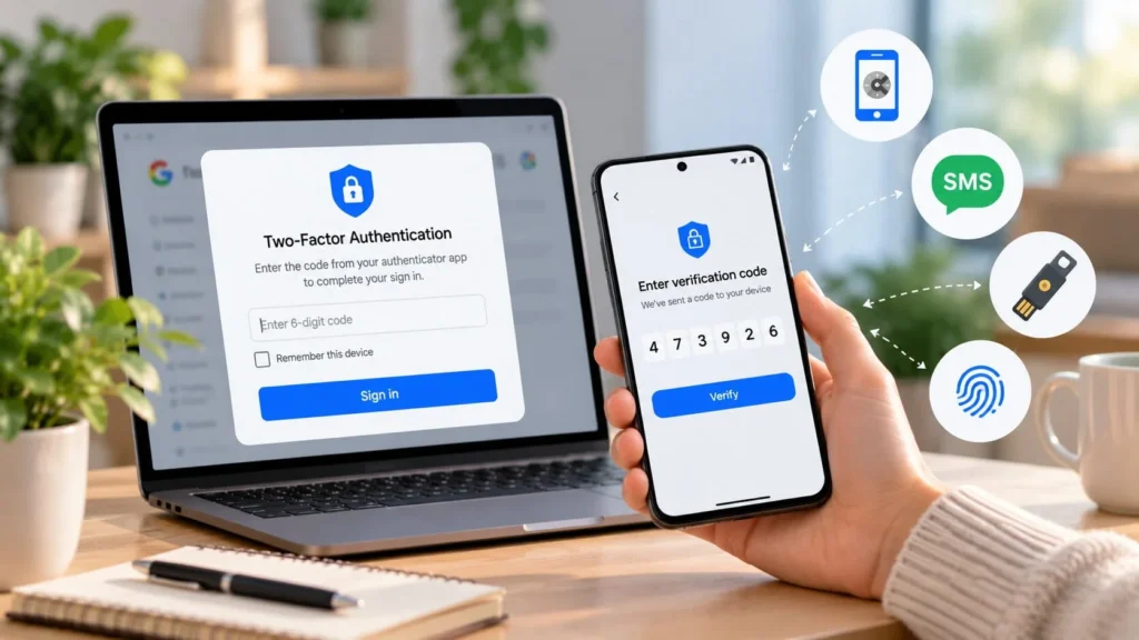 Laptop and smartphone showing a two-factor authentication login with verification code, authenticator, SMS, security key, and fingerprint options.