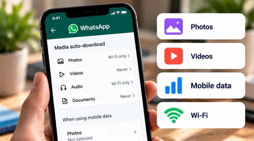 WhatsApp media auto-download settings for photos, videos, mobile data and Wi-Fi