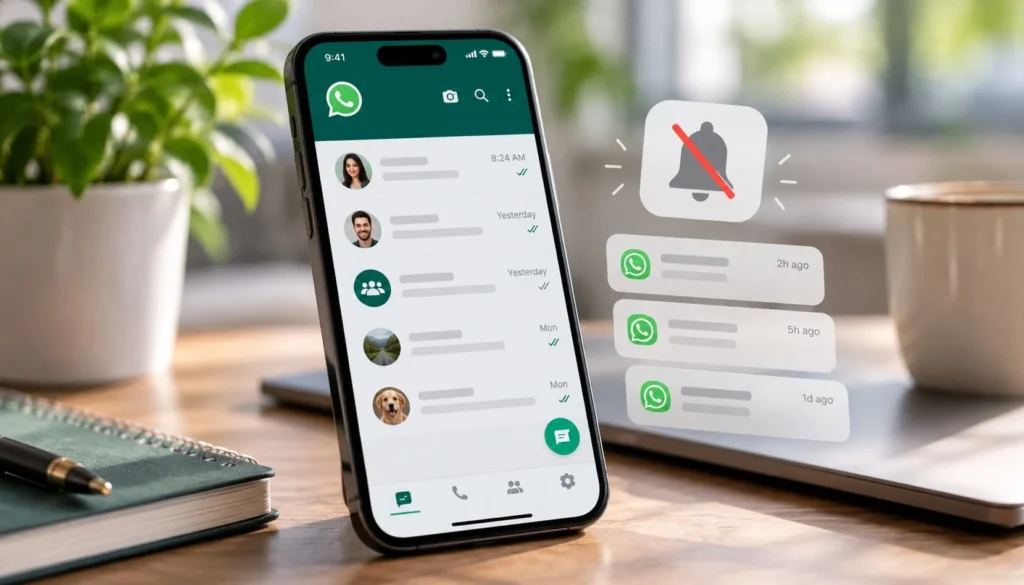 Smartphone displaying WhatsApp chats with muted notification icons, illustrating a WhatsApp notifications problem.
