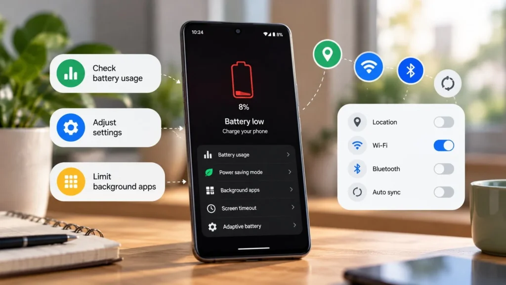 Android phone showing a low battery warning with battery usage, background app, location, Wi-Fi, Bluetooth, and sync settings.
