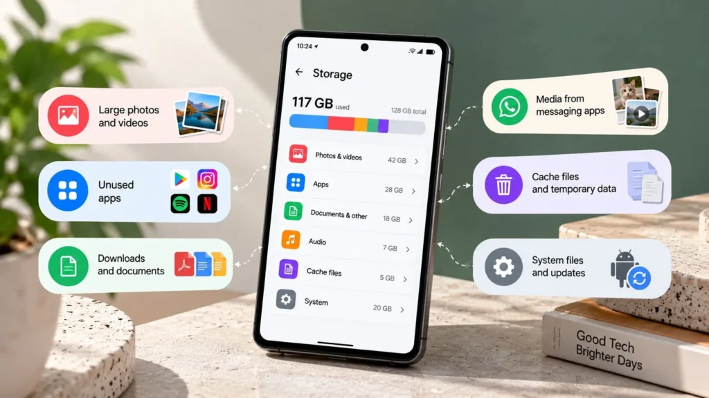 Android phone showing storage almost full with space used by photos, apps, documents, cache, and other files.