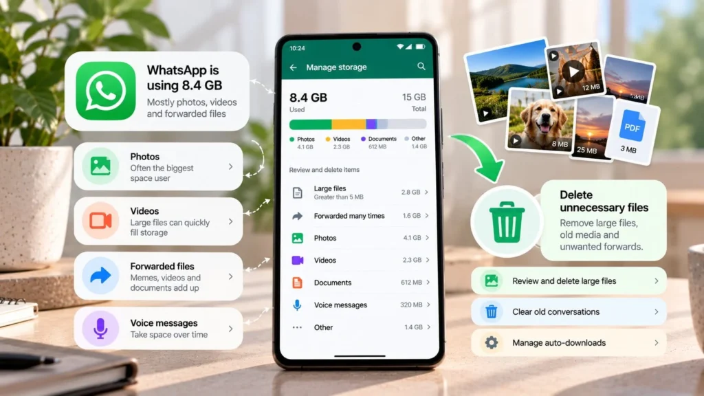 Android phone showing WhatsApp storage usage with photos, videos, forwarded files, voice messages, and options to delete unnecessary media.