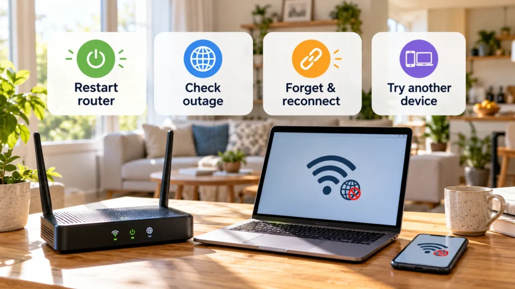 Home Wi-Fi troubleshooting with router restart, outage check, reconnect and another-device testing